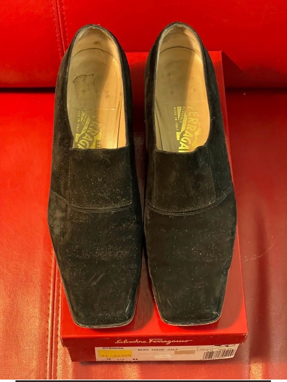 Salvatore Ferragamo Black Suede Women’s Square-Toe Slip-On Heels